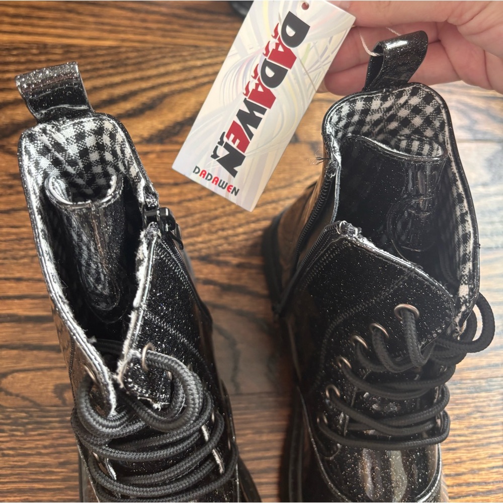 Dadawen Black Glitter Combat Boots Kids Ankle Glossy Black Glitter Boots Size 3 - Picture 6 of 6